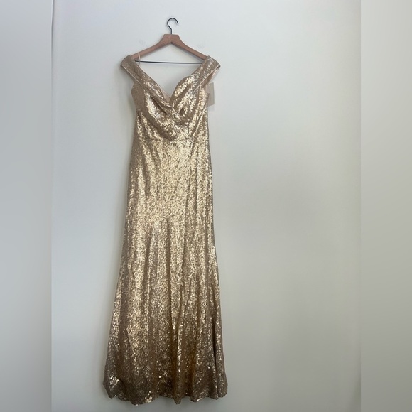 Revelry Bardot Sequin Off Shoulder Gold Gown Maxi Size 18 Bridesmaid NYE Holiday - Picture 2 of 16